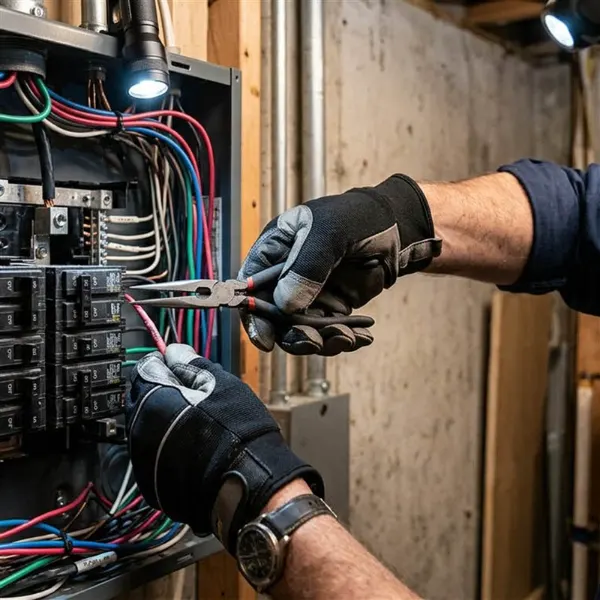 Home Electricista revisando el cableado de un panel de breakers en una vivienda