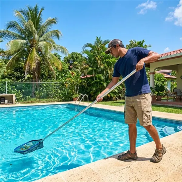 Home Técnico limpiando una piscina residencial en Panamá