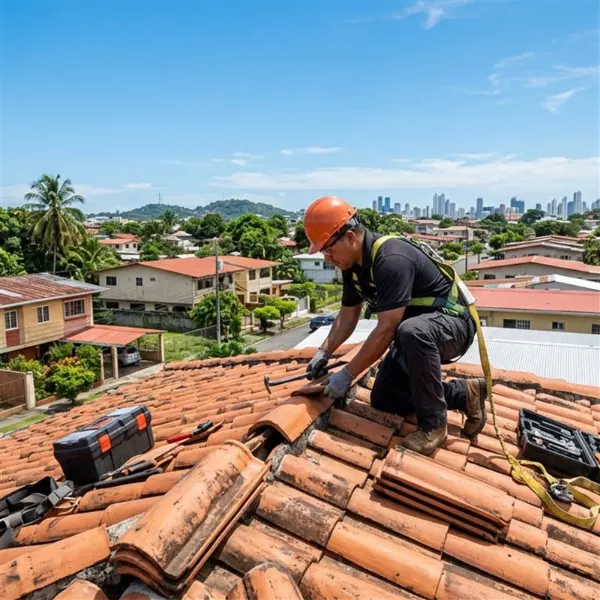 Home Técnico reparando un techo de tejas en una casa de Panamá